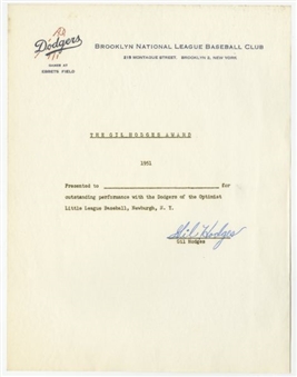1951 Gil Hodges Signed "Gil Hodges Award" On Brooklyn Dodgers Stationary (PSA/DNA Mint 9)